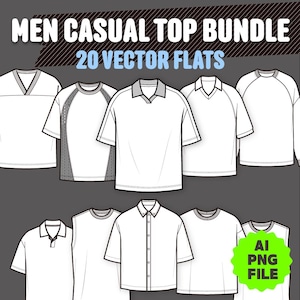 May include: A collection of white casual top designs, including t-shirts and button-down shirts, with various collar and sleeve styles. The image includes the text "MEN CASUAL TOP BUNDLE" and "20 VECTOR FLATS". A green badge indicates an AI PNG file.