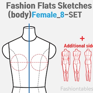 ファッションフラットテンプレート - 女性（ボディ）テクニカルドローイングテンプレート女性、Adobe Illustrator 編集可能、前面背面合計 8 フラット