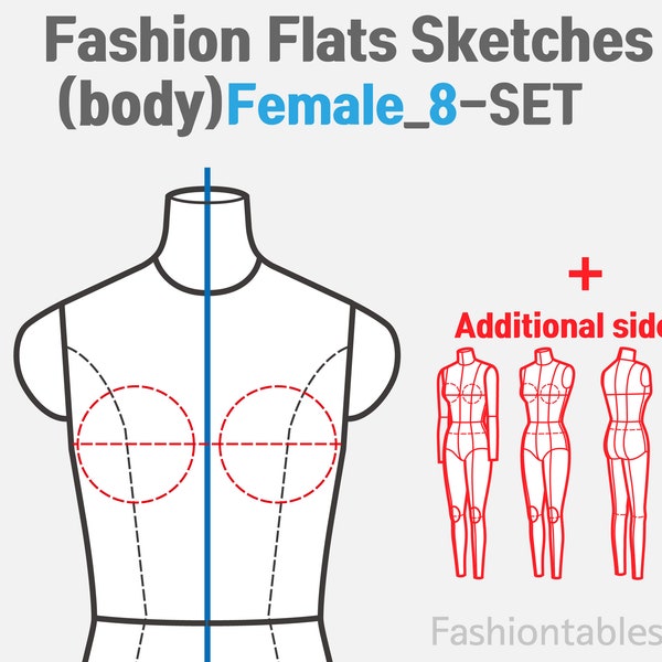 Fashion Flats Templates - Female (body) Technical Drawing Template women, Adobe illustrator Editable,  front back side total 8 flat