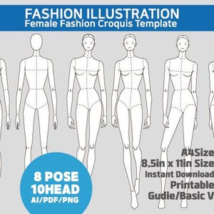 女性ファッションクロッキーテンプレート - 10 頭、8 ポーズ、A4 サイズとレター サイズ、衣服スケッチ、女性ファッション イラスト