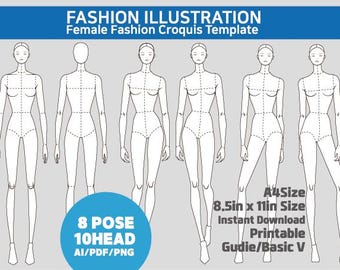 Female Fashion Croquis Template- 10 head, 8 Pose ,A4 size & letter Size, Clothing Sketch, Female Fashion Illustration