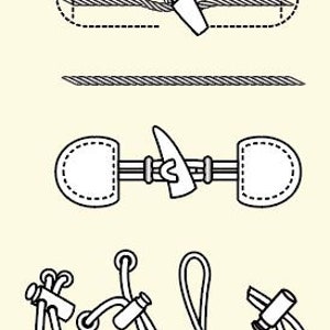 May include: A collection of black and white line art illustrations depicting various clothing fasteners. The set includes a side-release buckle, toggle closures with rope loops, and several cord locks with elastic strings for securing garments.