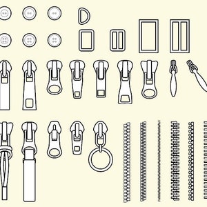 May include: A collection of black and white line art illustrations depicting various sewing notions, including six circular buttons, four rectangular buckles, thirteen different zipper sliders, and five distinct zipper chain styles.