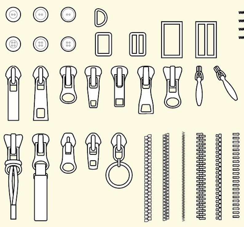 May include: A collection of black and white line art illustrations depicting various sewing notions, including six circular buttons, four rectangular buckles, thirteen different zipper sliders, and five distinct zipper chain styles.