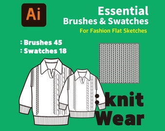 AI-Knitwear Design Tools: 45 Brushes & 18 Swatches for Adobe Illustrator Fashion Sketches