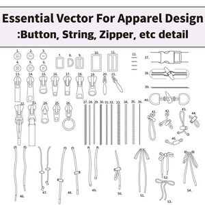 May include: A black and white digital illustration titled Essential Vector For Apparel Design: Button, String, Zipper, etc detail. The image displays a numbered collection of line art icons representing various clothing fasteners, including buttons, buckles, zipper pulls, zipper teeth, cords, and decorative bows.