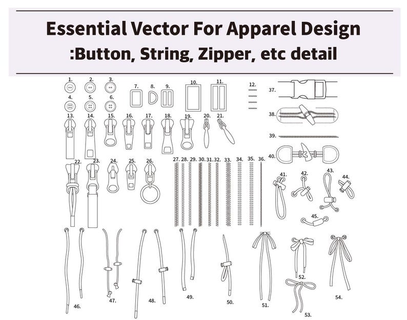 May include: A black and white digital illustration titled Essential Vector For Apparel Design: Button, String, Zipper, etc detail. The image displays a numbered collection of line art icons representing various clothing fasteners, including buttons, buckles, zipper pulls, zipper teeth, cords, and decorative bows.