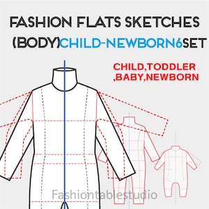 May include: Line drawing fashion flat sketches for children's clothing. The sketches show a full body jumpsuit, a long-sleeved shirt, and a one-piece outfit. The text "(BODY)CHILD-NEWBORN6SET" and "CHILD, TODDLER,BABY,NEWBORN" is included in the image.