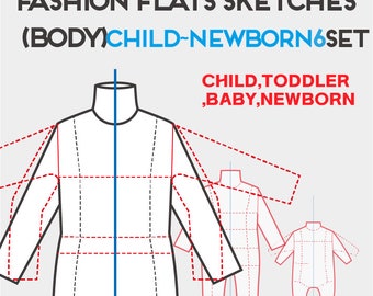 Fashion Flats Templates - kids (body)  Child, Toddler, Baby, Newborn (Body) 6 set Fashion technical drawing template kids figure