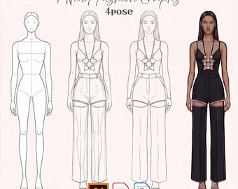 May include: A 9-Head Fashion Croquis 4pose digital illustration featuring four figures. One is a blank mannequin, two are line art sketches, and one is a fully rendered figure wearing a black bodysuit with cutouts and wide-leg trousers.