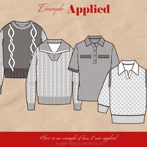 May include: Four different sweater designs with various patterns, including cable knit, argyle, and geometric patterns. The sweaters are shown in a flat lay style on a brown background. The text "Example Applied" is at the top of the image.