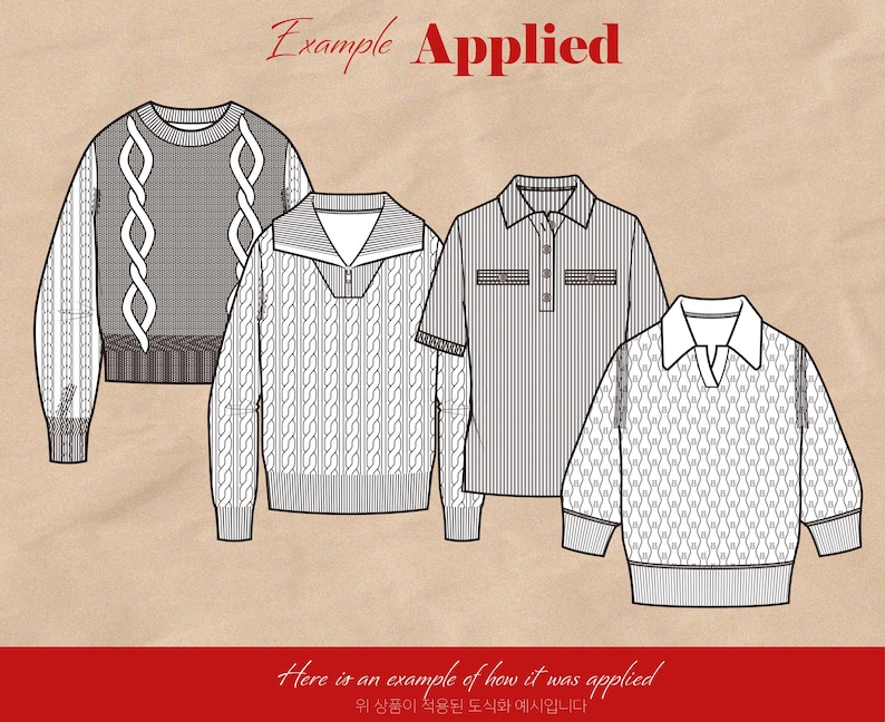 May include: Four different sweater designs with various patterns, including cable knit, argyle, and geometric patterns. The sweaters are shown in a flat lay style on a brown background. The text "Example Applied" is at the top of the image.