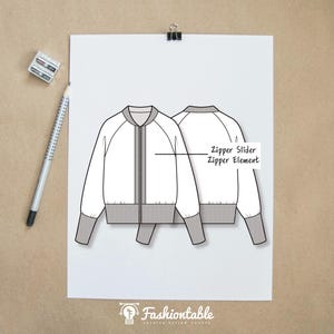 May include: A technical fashion sketch of a bomber jacket showing front and back views. The design features a ribbed collar, cuffs, and hem, with a central zipper closure. Text labels point to the zipper slider and zipper element on the jacket.
