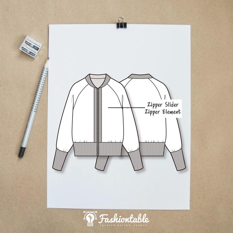 May include: A technical fashion sketch of a bomber jacket showing front and back views. The design features a ribbed collar, cuffs, and hem, with a central zipper closure. Text labels point to the zipper slider and zipper element on the jacket.