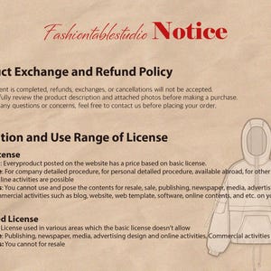 May include: A beige document titled Fashiontablestudio Notice containing a Product Exchange and Refund Policy, Definition and Use Range of License for Basic and Extended licenses, and a line drawing of a hooded sweatshirt with pockets.