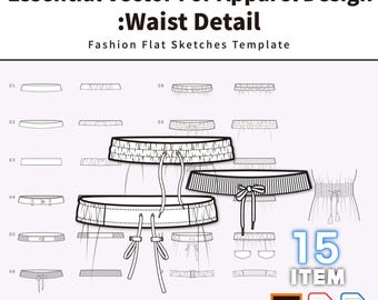 15 Waistband Vector Flat Sketches | Fashion Tech Pack Template (AI, PDF, PNG)
