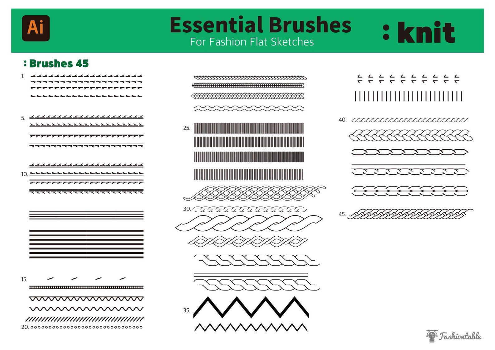 45 Brushes & 18 Swatches for Fashion Flat Sketches Knit Wear in Adobe