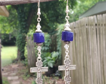 Aleut Russian Blue Alaska Native Orthodox Cross Beaded Earrings