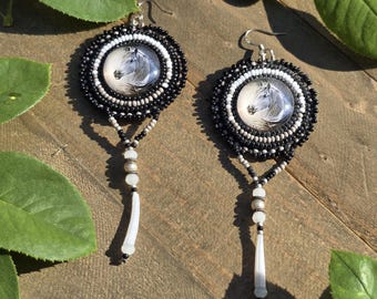 Aleut Horse Earrings with dentalium, pearls, and .925 sterling silver wires