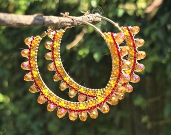 Aleut Ruby Sunfire 1 7/8" Beaded Bling Hoop Earrings