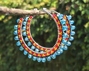Aleut Summer Heat 2" Beaded Bling Hoop Earrings
