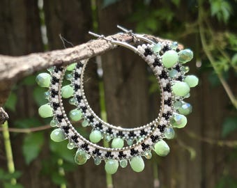Aleut Art Deco Mint 2" Beaded Bling Hoop Earrings
