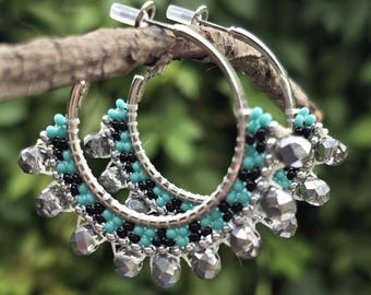 Aleut Turquoise Glimmer Beaded Bling Hoop Earrings