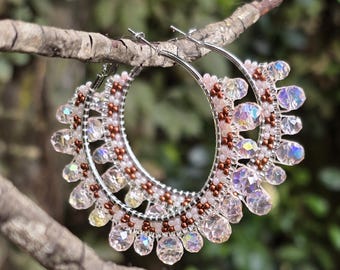 Aleut Pink Champagne & Chocolate Beaded Bling Hoop Earrings 1 5/8"
