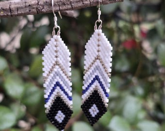 Aleut Beaded Feather Earrings Blue Gray w/ .925 sterling silver