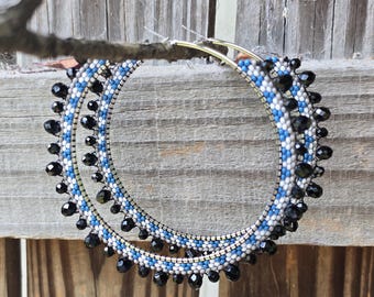 Aleut LARGE Blue Wave Beaded Hoop Earrings