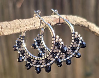 Aleut Grayscale Beaded Bling Hoop Earrings