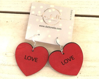 Wooden Earrings, Lightweight Large Earrings Valentines candy conversation heart LOVE