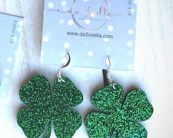 Acrylic Earrings, Lightweight Large Earrings Saint Patty Day clover in shimmer green