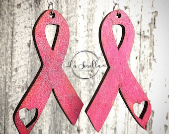 Breast Cancer Ribbons Wooden Earrings, Lightweight Large Earrings