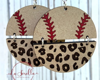 Wooden Earrings, Lightweight Large Earrings baseball and leopard round