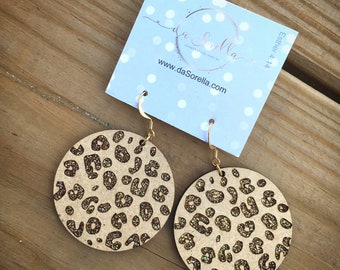 Wooden Earrings, Lightweight Large Earrings Leopard with shimmer