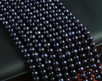 Natural Black Freshwater Pearl Beads 7-8mm Round Shape for Jewelry Making (14 inches)