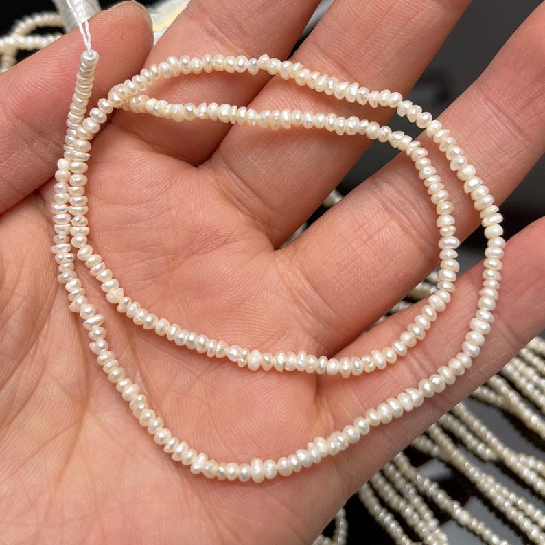 3-4mm Natural Freshwater Pearl Beads Strand: White Flat Oval Loose Beads for Jewelry Making 3-4mm