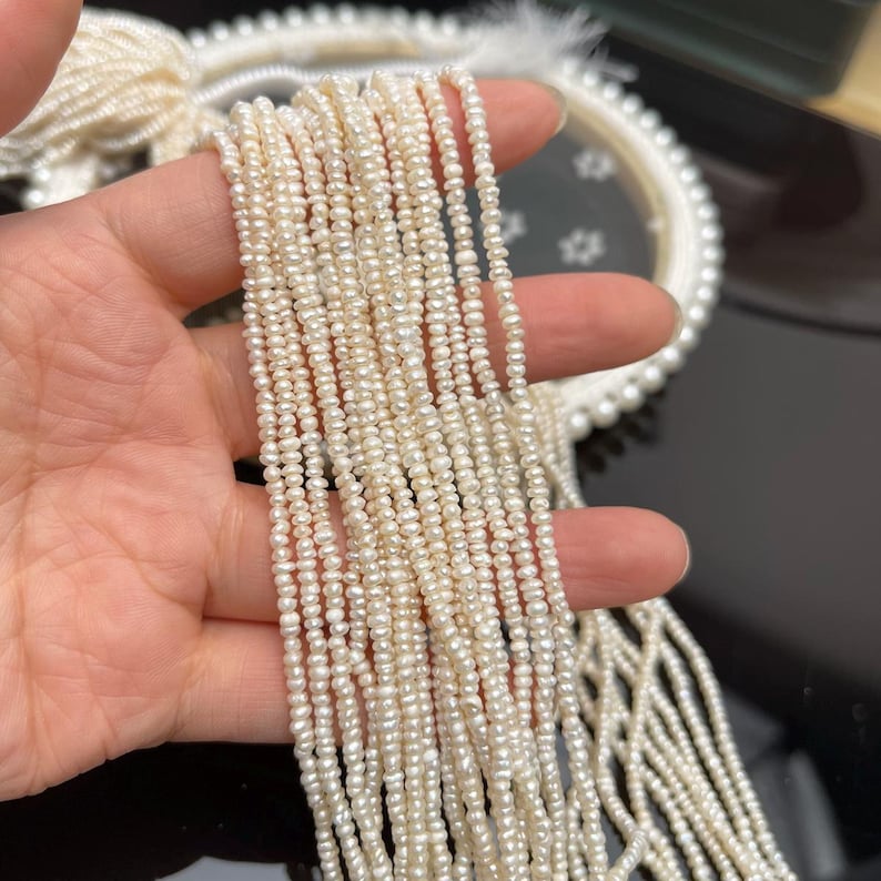 3-4mm Natural Freshwater Pearl Beads Strand: White Flat Oval Loose Beads for Jewelry Making image 4