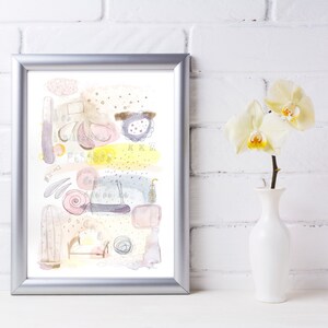 Acquerello astratto con disegni scarabocchiati: lumache, punti, gocce, cactus, letto, bustina di tè... Arte originale. Dipinto antistress per decorare le pareti.