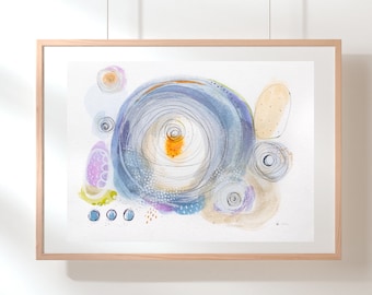 Acuarela abstracta original con dibujos de óvalos y espirales, decoración hogar estilo actual. Tonos nacar Azul, morado, chartreuse, naranja