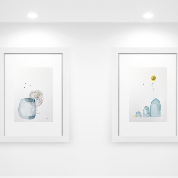 Set de 2 acuarelas abstractas originales, dibujo moderno. Poema visual. Decoración nórdica minimalista. Espiral montaña sol. Azul y amarillo