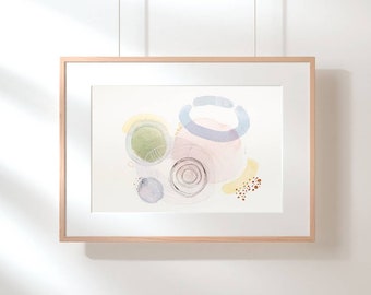 Acuarela abstracta original, pequeña pintura moderna. Arte de líneas finas y colores neutros. Decoración japandi. Verde, azul, rosa.