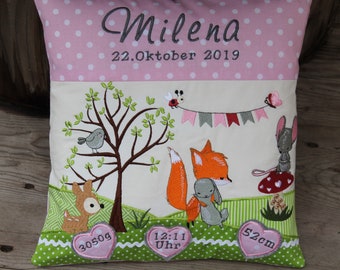 Kissen zur Geburt, Fuchs und Hase,Wald , 30x30