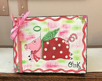 Handpainted Flying Pig Christmas Decor: Whimsical Wood Block Art