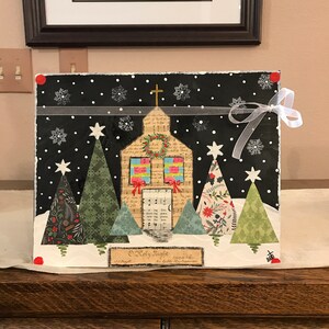 Snowy Christmas Church Wood Art: Hymnal Page Winter Scene