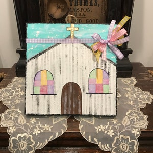 Country wood church with stained glass handpainted onto a rustic rough hewn wood block