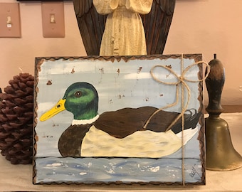 Handpainted Rustic Mallard Wood Art: Original Duck Painting
