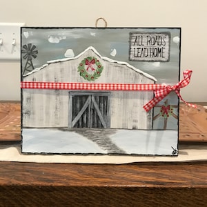 Handpainted Christmas Barn Art: Rustic Wood Box Frame Decor