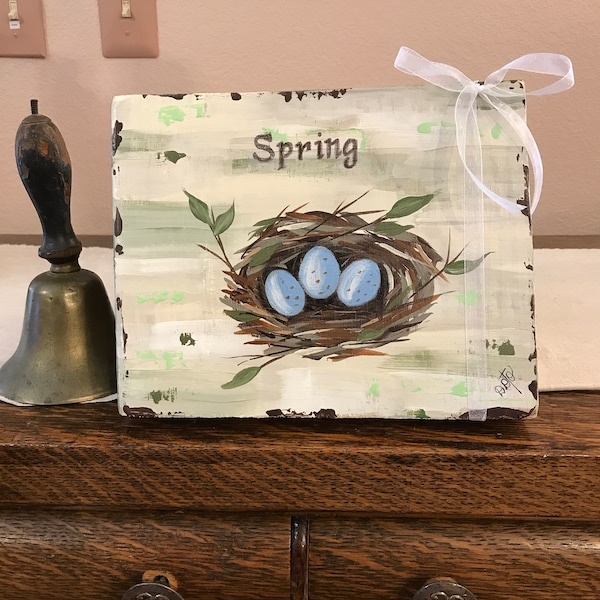 Spring woodland nest with eggs, handpainted on chunky wood, nature art, bird eggs, spring decor, rustic wood art, original art